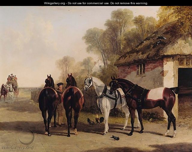 The Posting Inn, a change of horses waiting on a road with a mail coach approaching - John Frederick Herring Snr