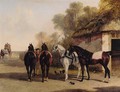 The Posting Inn, a change of horses waiting on a road with a mail coach approaching - John Frederick Herring Snr