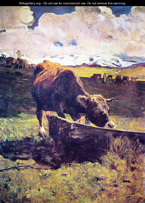 Brown cow in the waterhole - Giovanni Segantini