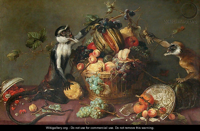 Two monkeys looting a fruit basket - Frans Snyders