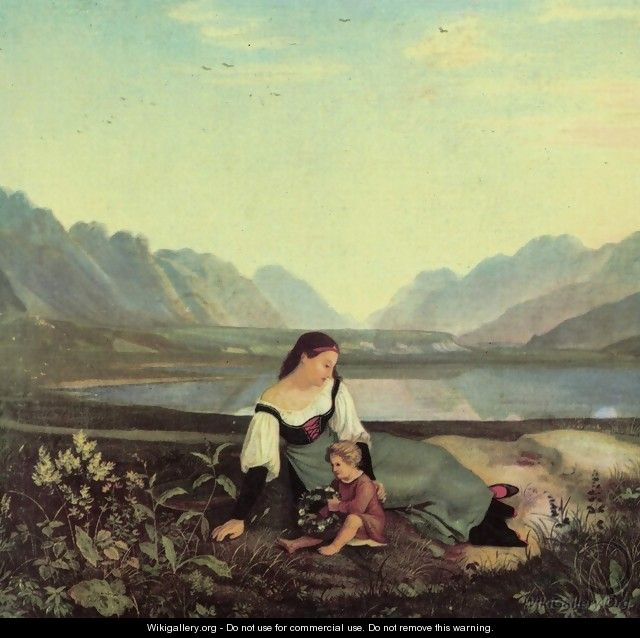 Girls on the meadow, Inntal with resound - Adrian Ludwig Richter