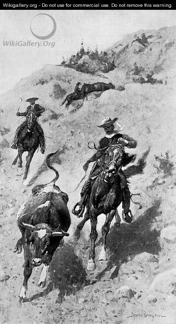 Heading a Steer on the Foothills - Frederic Remington