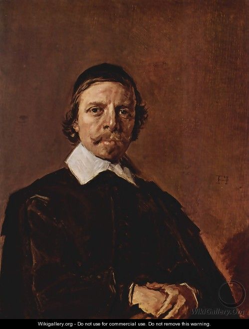 Portrait of a man with Scheitelkäppchen, pointed collar and entangled hands - Frans Hals