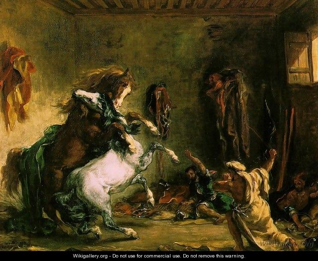 Arabian Horses Fighting in a Stable - Eugene Delacroix