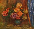 Still life, roses before blue curtain - Pierre Auguste Renoir