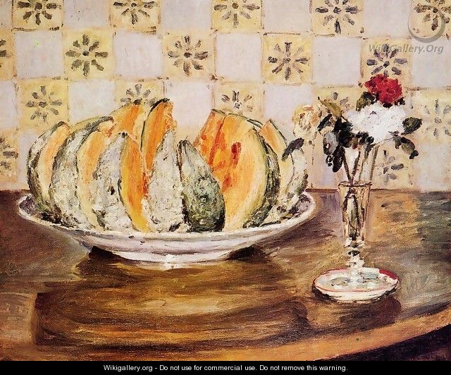 Still Life with a Melon and a Vase of Flowers - Pierre Auguste Renoir