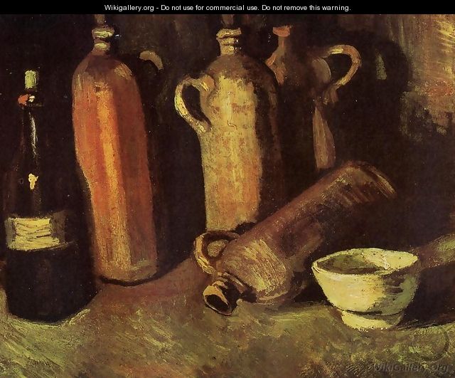with Four Stone Bottles, Flask and White Cup - Vincent Van Gogh