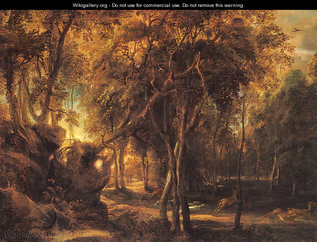 A Forest at Dawn with Deer Hunt - Peter Paul Rubens