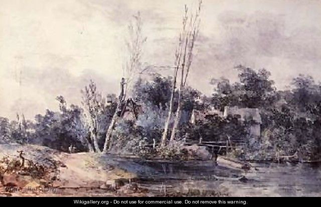 Cottages and willow by a stream with figures - Louis-Gabriel Moreau the Elder