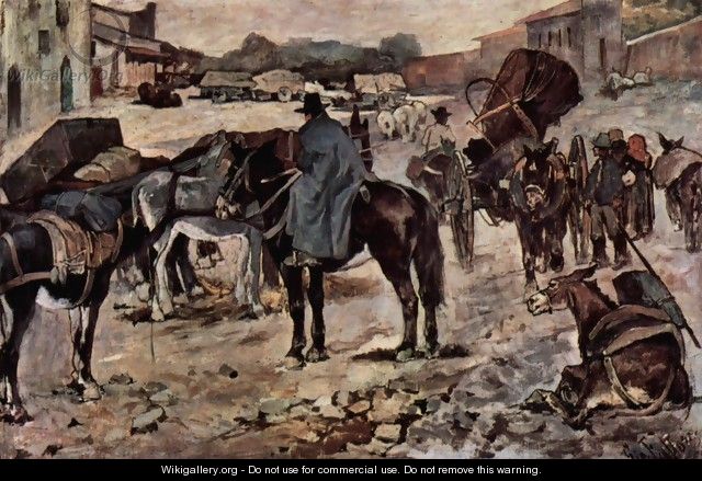 Village street with farmers, mules and dealers - Giovanni Fattori