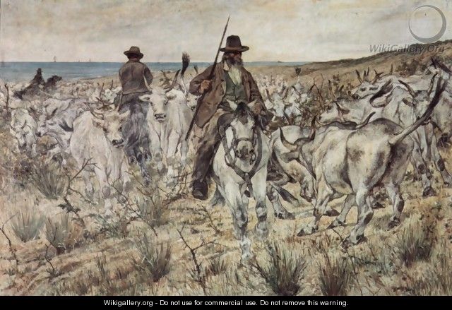 Three mounted with shepherds herd bull - Giovanni Fattori