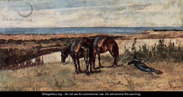 A soldier with two horses on the shore of the sea - Giovanni Fattori