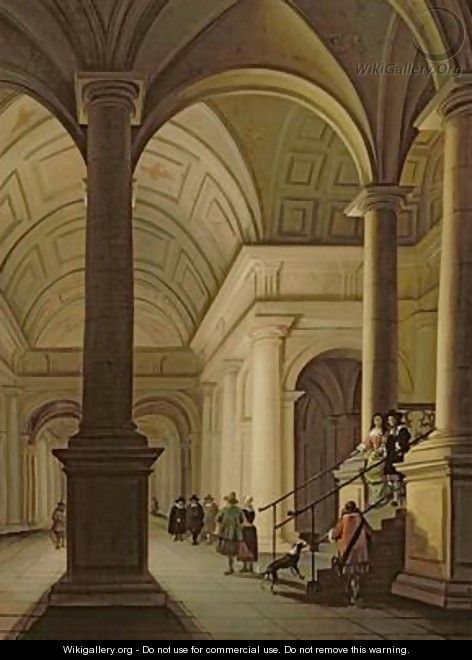 Palatial interior at night with an elegant couple making their entrance - Anthonie De Lorme