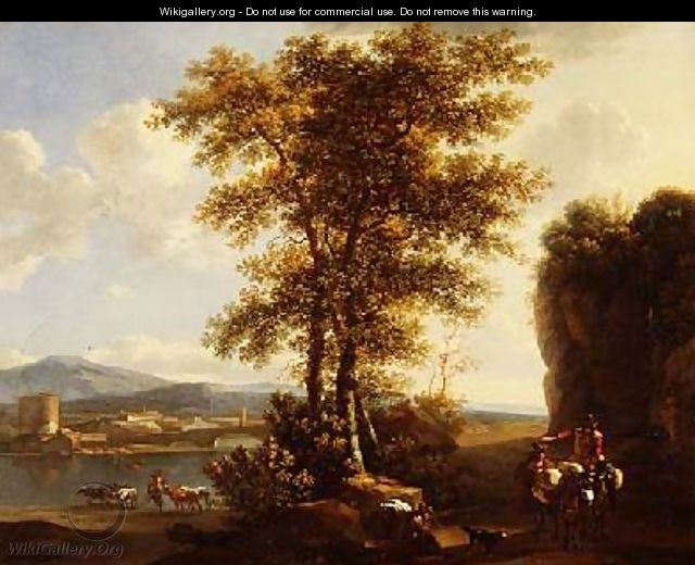 An Italianate wooded river landscape with travellers on a path - Lodewyck van Ludick