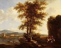 An Italianate wooded river landscape with travellers on a path - Lodewyck van Ludick