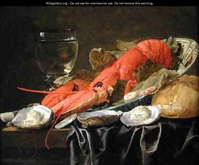 Still life with lobster shrimp roemer oysters and bread - Christian Luycks