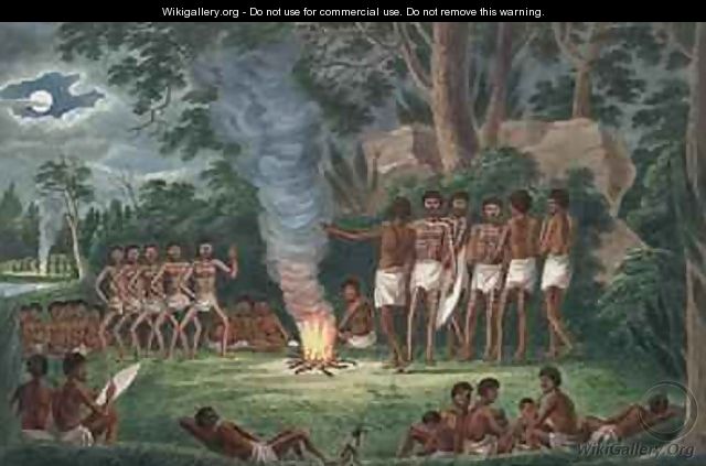 Corroboree around a camp fire from his Drawings of the natives and scenery of Van Diemens Land 1830 - Joseph Lycett