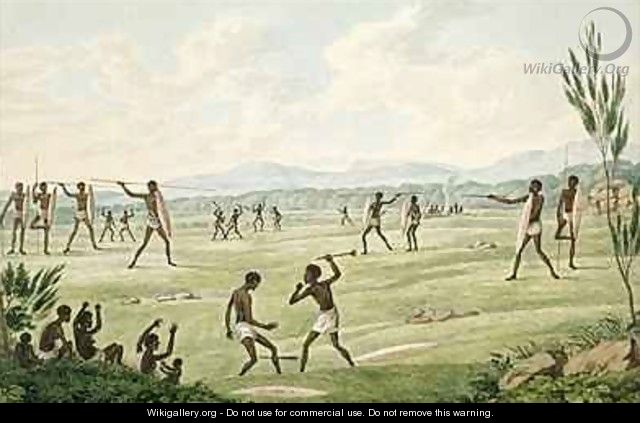 Contest with spears shields and clubs from his Drawings of the natives and scenery of Van Diemens Land 1830 - Joseph Lycett