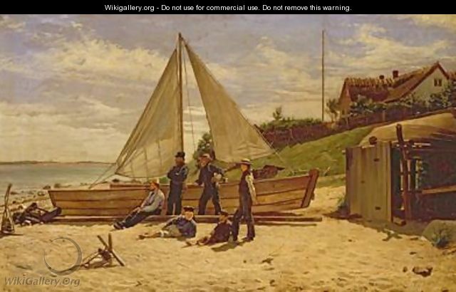 Fisherfolk by a beached sailing vessel - Frederick Christian Lund