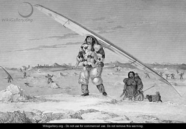 An Eskimaux of Igloolik wearing a bird-skin jacket carrying his canoe down to the water - Captain George Francis Lyon