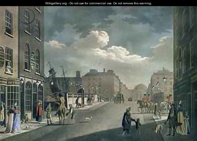 View from Capel Street looking over Essex Bridge Dublin from A set of twenty views of Dublin 1797 - James Malton