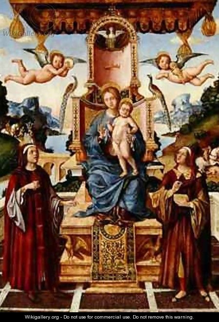 Virgin and Child Enthroned with Saints Cosmas and Damian with Saints Eustace and George in the background - Gian Francesco de Maineri