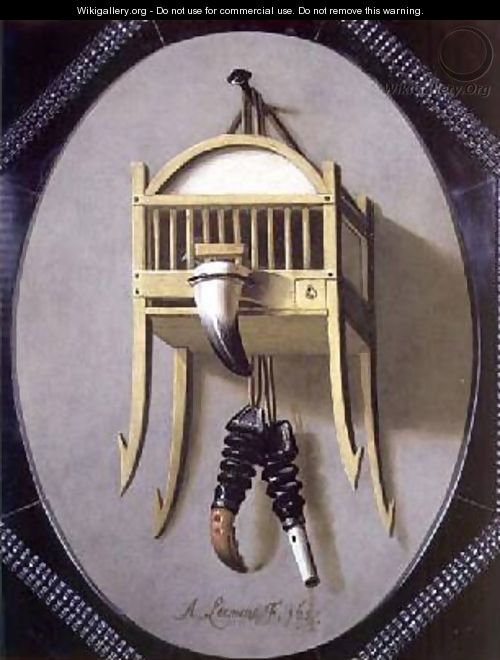 Trompe LOeil with a fowlers bird cage and whistle - Antonius Leemans
