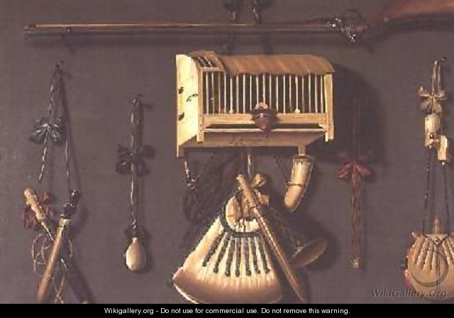 A Trompe lOeil Still life of a Gun a Powder Horn a Caged Bird and Hunting Equipment - Johannes Leemans
