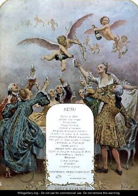 Ritz Restaurant menu depicting a group of elegant 18th century men and women drinking champagne served by cherubs - Maurice Leloir