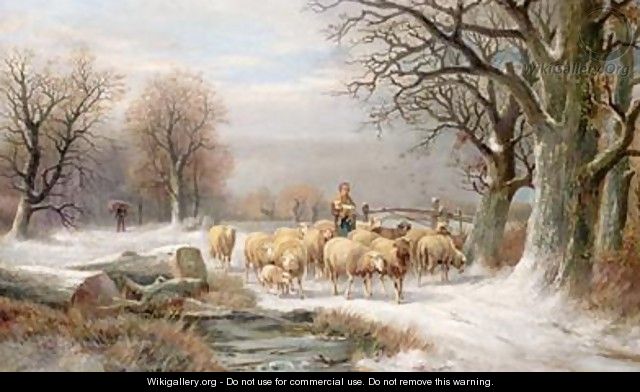 Shepherdess with her Flock in a Winter Landscape - Alexis de Leeuw