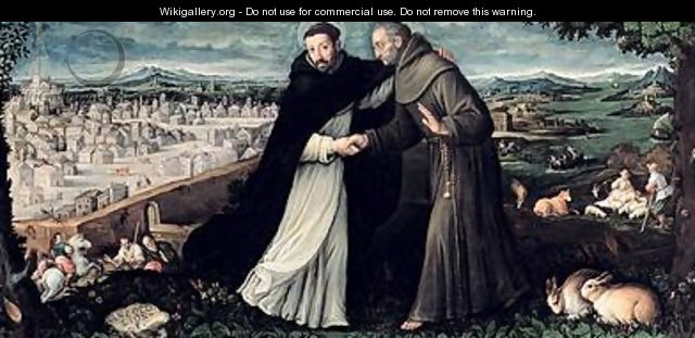 The meeting of St Francis of Assisi and St Dominic in Rome - Angiola Leone