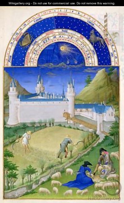 July harvesting and sheep shearing by the Limbourg brothers from the Tres Riches Heures du Duc de Berry - Pol de Limbourg
