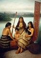 Three Maori girls and a boy sitting on a large carved Maori canoe by a lake 1899 - Gottfried Lindauer