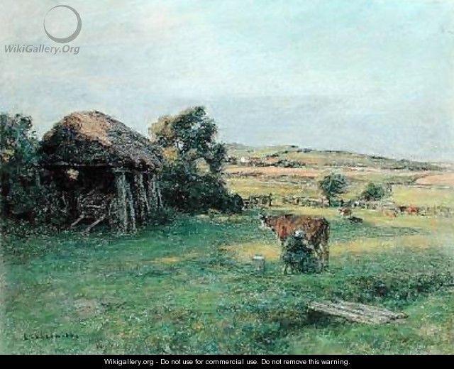 Landscape with a Peasant Woman Milking a Cow - Leon Augustin Lhermitte