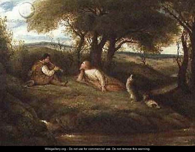 Young Man Playing Music to a Shepherd and his Dogs - John Linnell