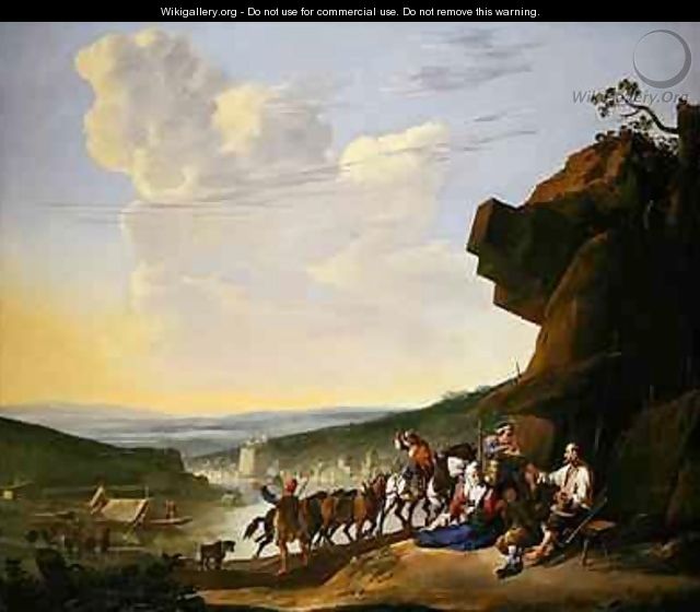 Extensive river landscape with peasants resting by a shack - Johannes Lingelbach