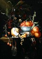 Still life of a peeled lemon with prawns and whitecurrants on a pewter dish - Harmen Loeding