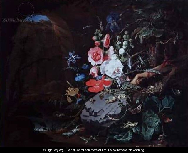Flowers and birds in a cave - Abraham Mignon
