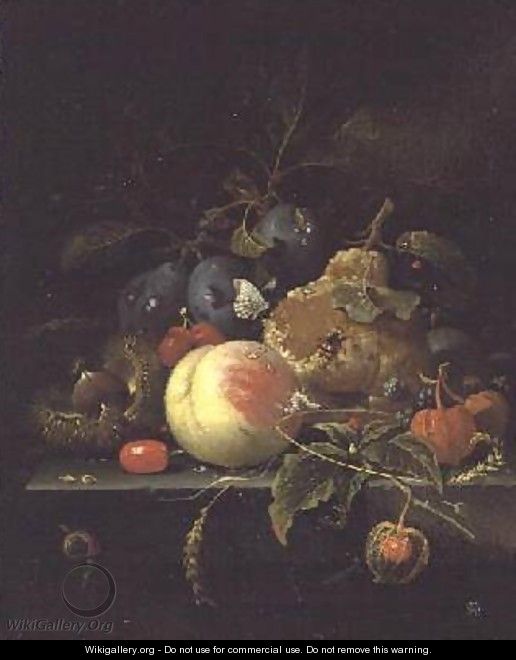 Still Life of Fruit and Nuts on a Stone Ledge - Abraham Mignon