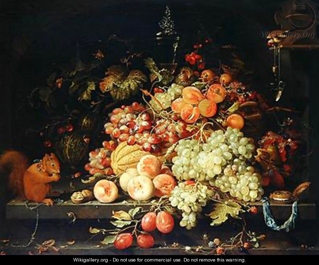 Still Life with Fruit Squirrel and Goldfinch - Abraham Mignon
