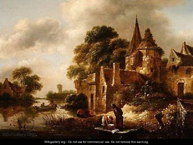 River Landscape with Peasants near a Castle - Claes Molenaar (see Molenaer)