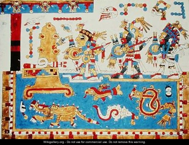 Warrior Leaders Canoe on a Lake Inhabited by Monster Fish in Order to Capture an Island - Mixtec