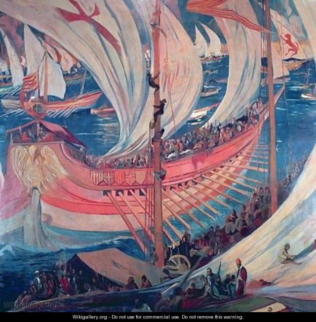 The Nau Ship detail of a picture representing the Catalan expansion in the Mediterranean during the 13th century - Joaquin Mir Trinxet