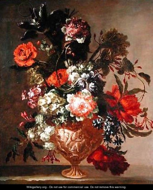 Still life of flowers in a sculpted vase - Jean-Baptiste Monnoyer