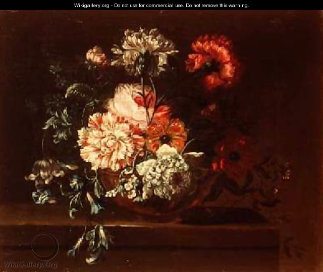 Roses carnations and convolvuli on a ledge - Jean-Baptiste Monnoyer