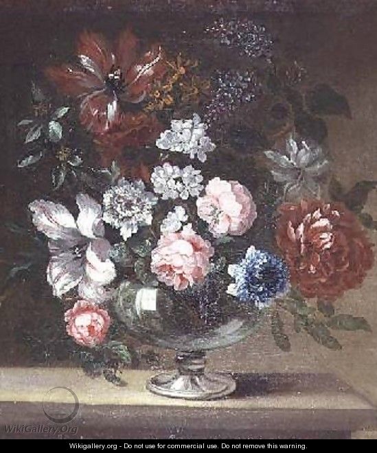 Roses tulips and other flowers in a vase - Jean-Baptiste Monnoyer