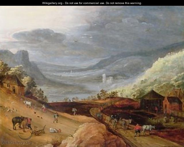 Rural Landscape with a Farmer Bridling Horses a Ploughman a Sower and a Drover driving Cattle - Joos or Josse de, The Younger Momper