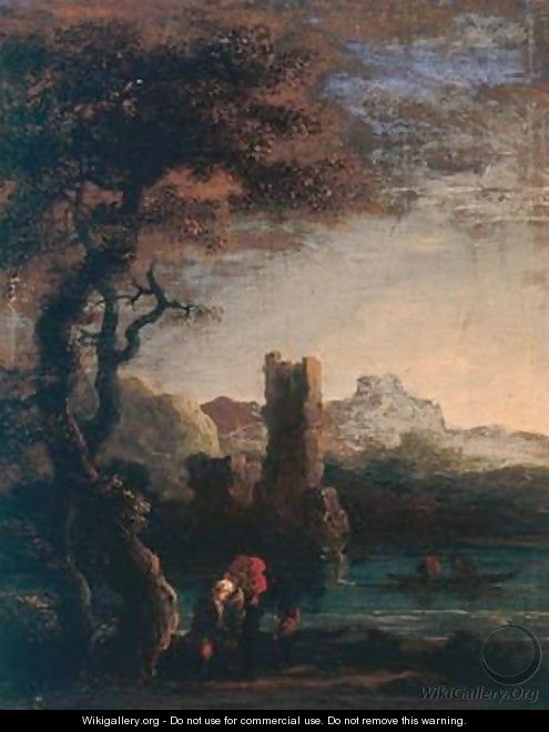 Landscape with tower figures and boat - Jan de Momper