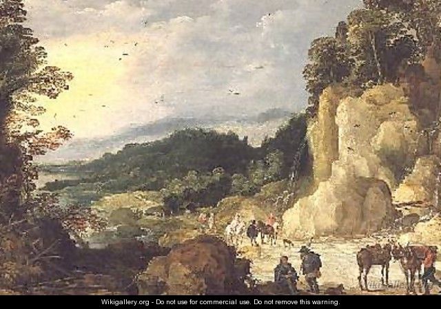 A Mountain Landscape with a Waterfall and Travellers at a Ford - Joos or Josse de, The Younger Momper