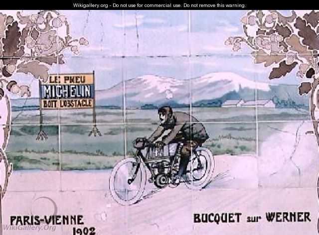 Bucquet riding a Werner motorcycle in the Paris to Vienna race of 1902 - Ernest Montaut